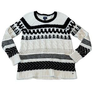 American Eagle Black White Chunky Cable Knit Sweater Medium Wool Blend Fair Isle